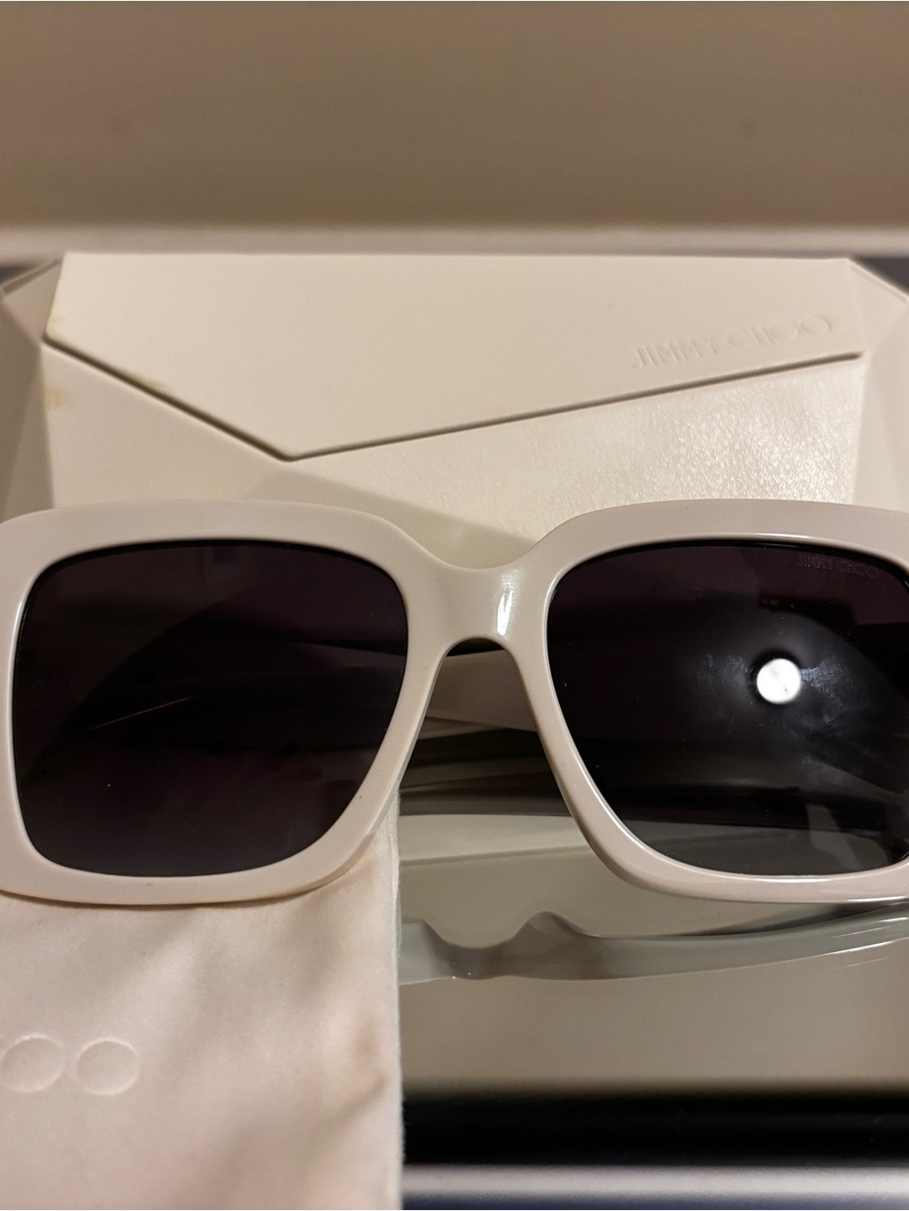 Jimmy Choo White Square Sunglasses with Dark Lenses